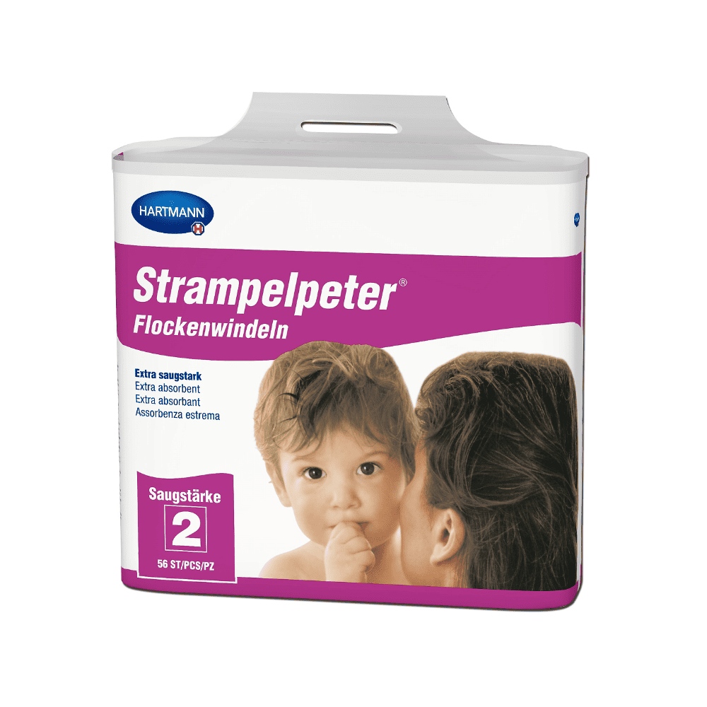 Um pacote de fraldas de flocos Hartmann Strampelpeter® - 56 unidades de fraldas absorventes com a imagem de um bebê tocando o rosto de uma mulher. O texto indica "Tamanho 2" e inclui.