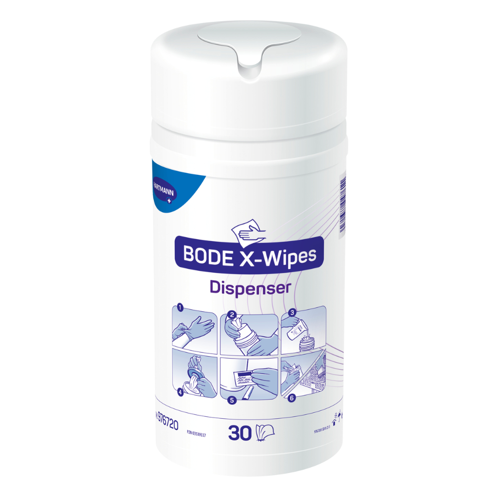 Imagem do produto de um dispensador de desinfecção Hartmann BODE X-Wipes com 30 toalhetes, com símbolos que ilustram várias possibilidades de uso e áreas como saúde e superfícies, em um rótulo branco-violeta da Paul Hartmann AG.