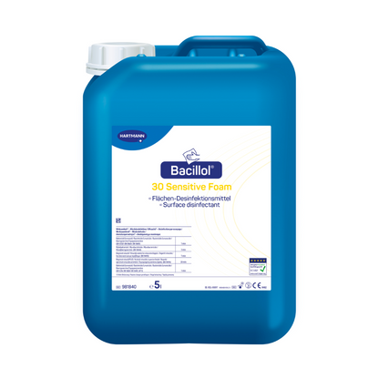 Um recipiente de plástico azul com rótulo para desinfetante rápido Hartmann Bacillol® 30 Sensitive Foam, um desinfetante de superfície sensível. O recipiente tem capacidade para 5 litros de líquido. (Nome da marca: Paul Hartmann AG)