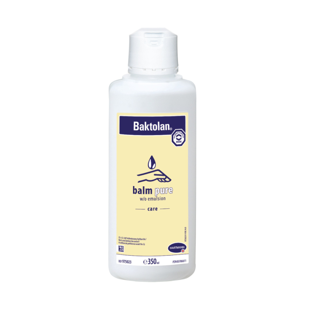 Uma garrafa de plástico branco de 350 ml com bico da Paul Hartmann AG: Baktolan® Loção Bálsamo para Cuidados com a Pele com rótulo amarelo, texto azul e tampa flip-top branca; oferece cuidados com a pele hidratantes como uma emulsão W/O.
