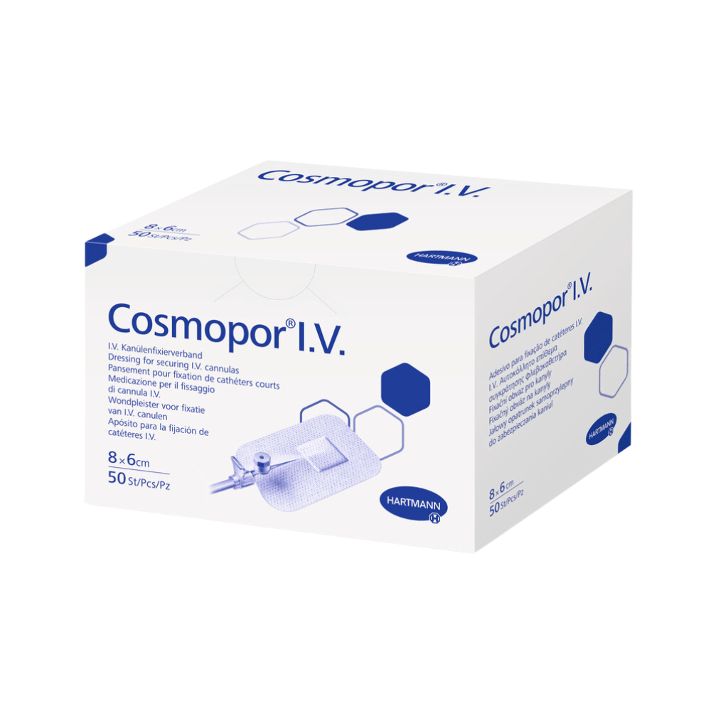 O Hartmann Cosmopor I.V. KanülenfixPfl. da Paul Hartmann AG tem um design de 6 x 8 cm numa caixa branca com hexágonos azuis e texto multilingue e contém 50 pensos estéreis, ideais para utilização com uma abertura IV.
