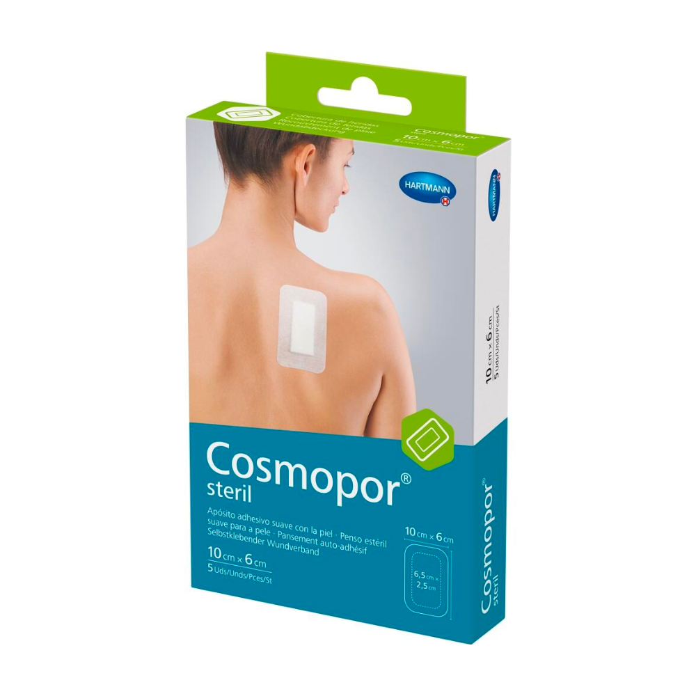Uma caixa de curativos estéreis Hartmann Cosmopor® para feridas. Nela está representada uma mulher que aplica um curativo no ombro para cuidados pós-operatórios. Na embalagem estão indicadas as dimensões e menciona-se que o produto é estéril.