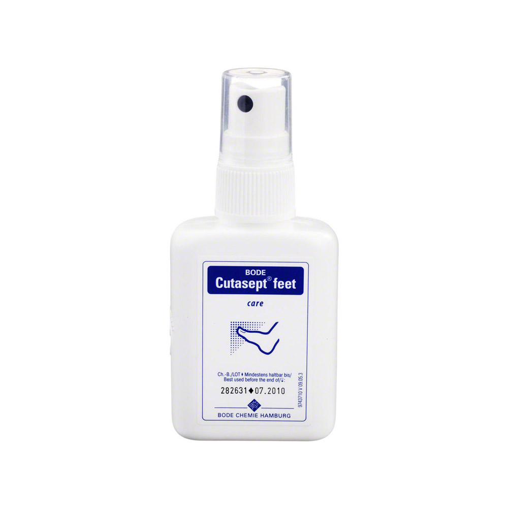 Um pequeno frasco spray branco com a inscrição "Hartmann Cutasept® Pés" da Paul Hartmann AG, projetado para a profilaxia de fungos nos pés, com detalhes do produto e um logotipo azul com um ponto.
