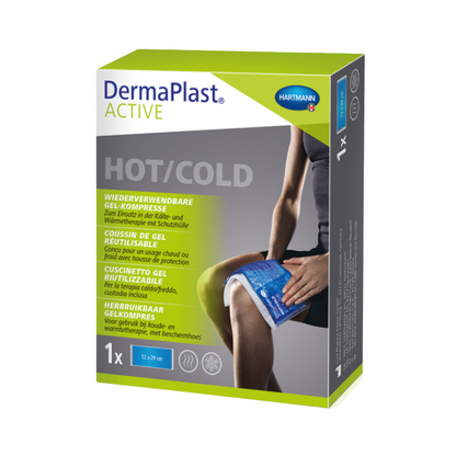 Embalagem do Hartmann DermaPlast® ACTIVE Hot/Cold, Compressa de Gel da Paul Hartmann AG, com uma imagem de uma pessoa colocando a compressa na coxa. A caixa contém texto em várias línguas, que enfatiza