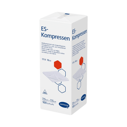 Caixa com compressas ES da Hartmann, 17 camadas, 16 vezes, de compressas de gaze não estéreis e estéreis da Paul Hartmann AG. Em fundo branco, estão representados texto e gráficos com especificações detalhadas do produto e instruções de uso.
