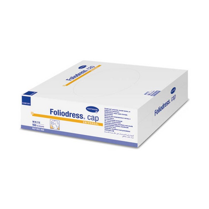 Uma caixa fechada branco-azul com a inscrição "Paul Hartmann AG Foliodress® Cap "universal" Comfort OP-Hauben branco" contém toucas de tecido-não-tecido e na lateral um texto com características detalhadas do produto.