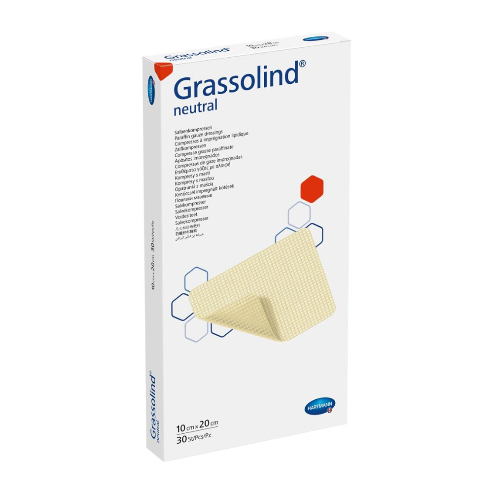 Uma caixa de compressa de pomada Hartmann Grassolind® em vários tamanhos, um curativo médico, com informações importantes sobre o produto e uma imagem da compressa de pomada na frente. A embalagem é predominantemente branca.