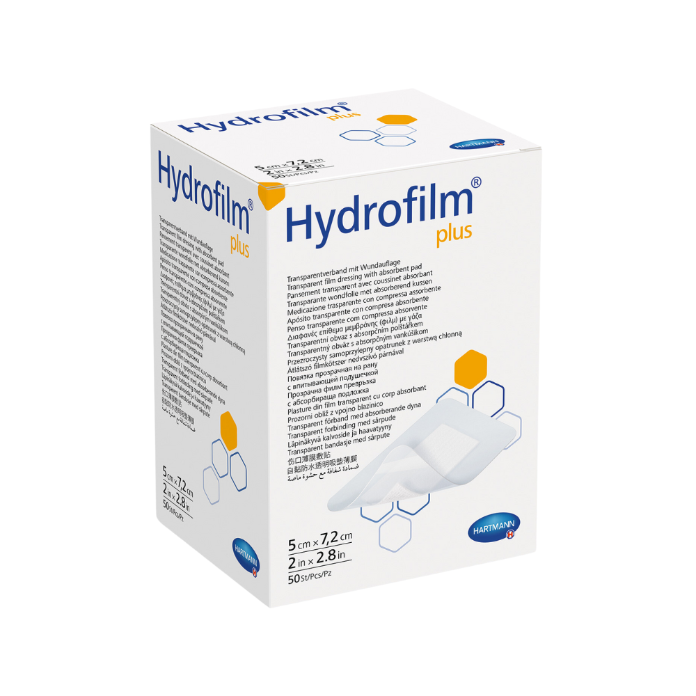 Uma caixa de Paul Hartmann AG Artigo descontinuado: Hydrofilm Plus 5x7,2cm, embalagem com 50 unidades, incluindo informações do produto e imagem do curativo transparente sobre um fundo branco.