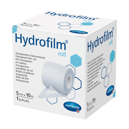 Uma caixa de Hartmann Hydrofilm®-Rolle da Paul Hartmann AG, um curativo de filme transparente. A embalagem é predominantemente branca e azul-clara e mostra o nome do produto, imagens de aplicação e informações de tamanho.