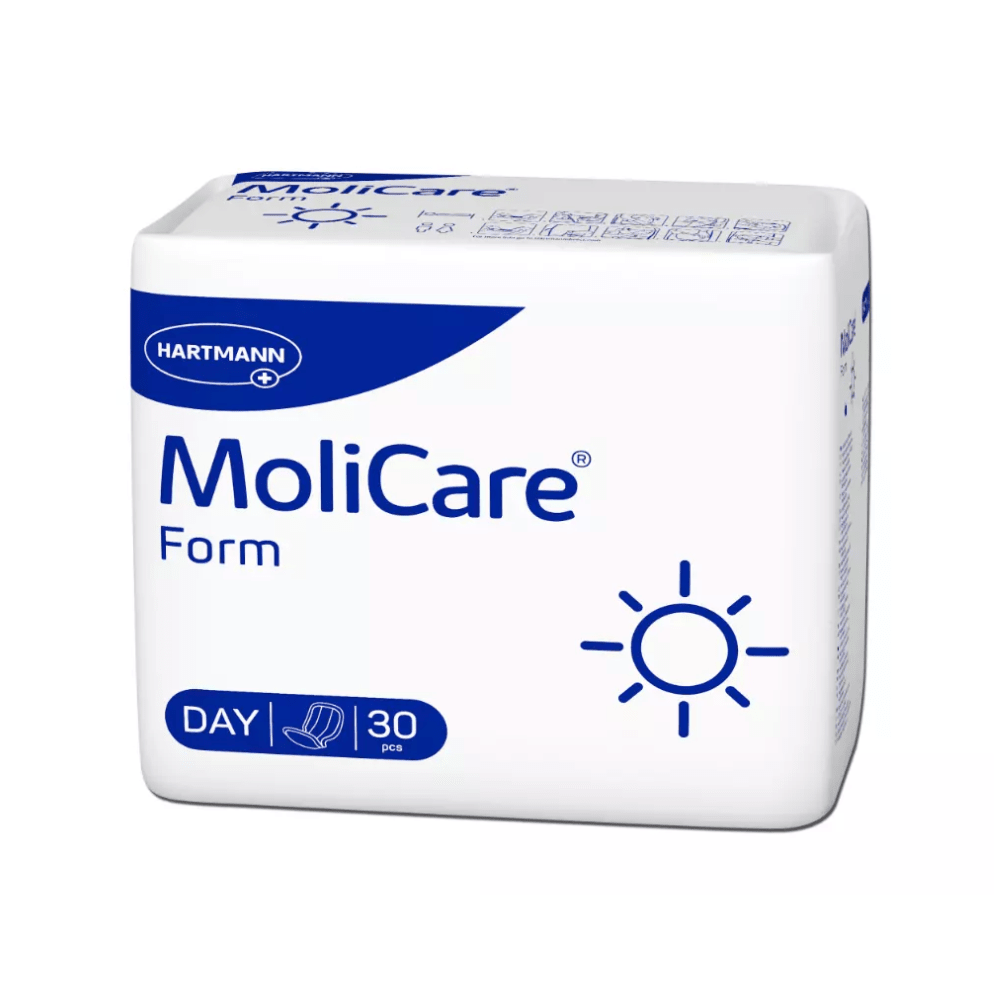 Um pacote de Paul Hartmann AG Hartmann MoliCare Form Day Inkontinenzvorlage | Pacote (30 peças), concebido para o "uso diário" com 30 peças. Com um símbolo de sol, estas almofadas de incontinência oferecem proteção confiável. A embalagem é principalmente branca com acentos azuis e texto.