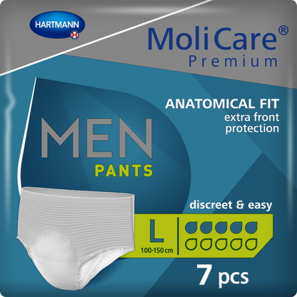 Embalagem das MoliCare Premium Men Pants 5 Gotas da Paul Hartmann AG, concebida para ligeira fraqueza da bexiga, no tamanho Large com 7 unidades, com foco em proteção adicional na frente e ajuste discreto e simples. A embalagem mostra uma imagem do produto e destaca o ajuste anatómico.