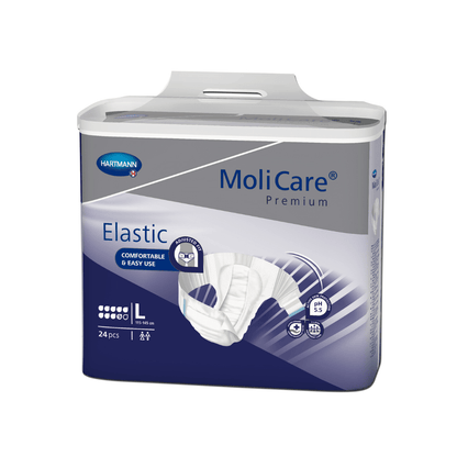 Um pacote azul e branco de fraldas para adultos Hartmann MoliCare® Premium Elastic no tamanho L da Paul Hartmann AG com 24 unidades, onde o conforto e a facilidade de uso são prioridades.