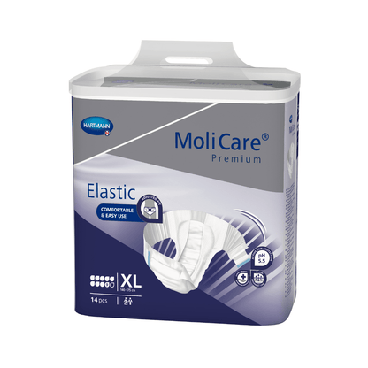 Uma imagem de produto de um recipiente com fraldas para adultos Hartmann MoliCare® Premium Elastic da Paul Hartmann AG, tamanho XL, com 14 unidades por pacote. A embalagem destaca o conforto de uso e as propriedades que promovem a saúde da pele.
