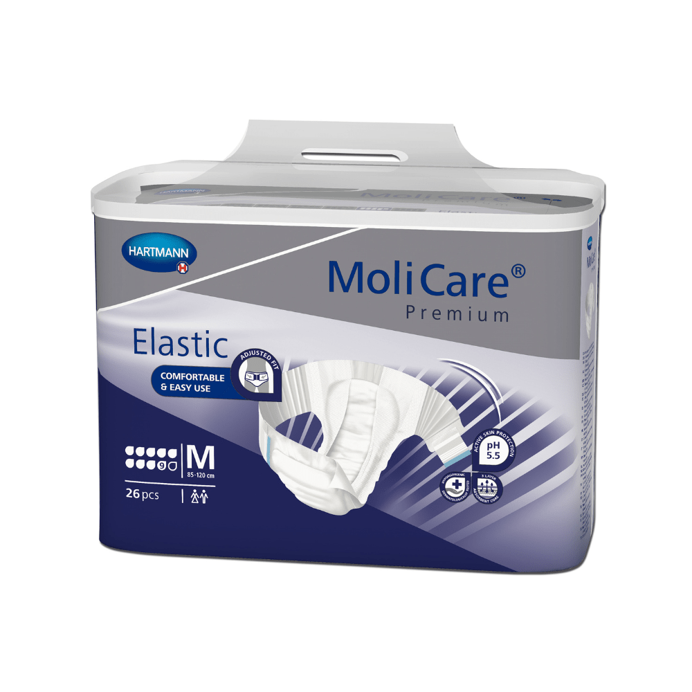 Um pacote de fraldas para adultos Hartmann MoliCare® Premium Elastic de tamanho médio da Paul Hartmann AG com 26 unidades, com símbolos que indicam o valor de pH e as propriedades amigáveis para a pele. O design visualiza a característica elástica da fralda.