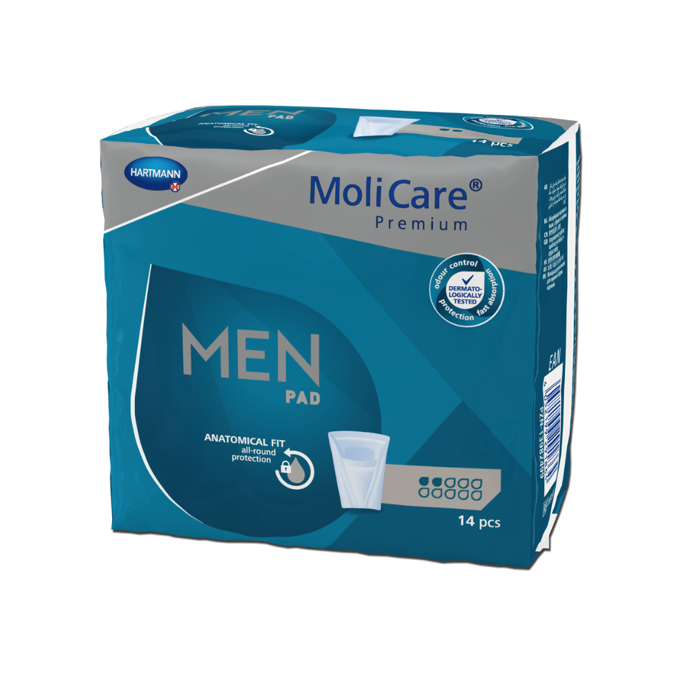 Uma embalagem azul com almofadas Hartmann MoliCare® Premium MEN PAD - 14 unidades, com ajuste anatômico para proteção ideal. Na embalagem também há símbolos que indicam características do produto.