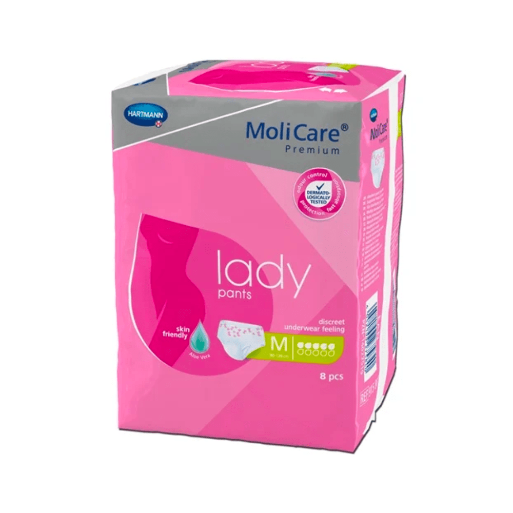 Um pacote de calças de incontinência Hartmann MoliCare® Premium lady pants da Paul Hartmann AG em tamanho médio com 8 unidades. A embalagem é rosa e branca, com a indicação "sensação discreta e amigável para a pele", destacando o conforto do produto.