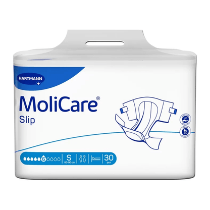 Uma embalagem de fraldas para incontinência Hartmann MoliCare® Slip 6 gotas, que mostra um recipiente de plástico predominantemente branco com detalhes da marca e do produto. A imagem de uma fralda é visível, e é isso.