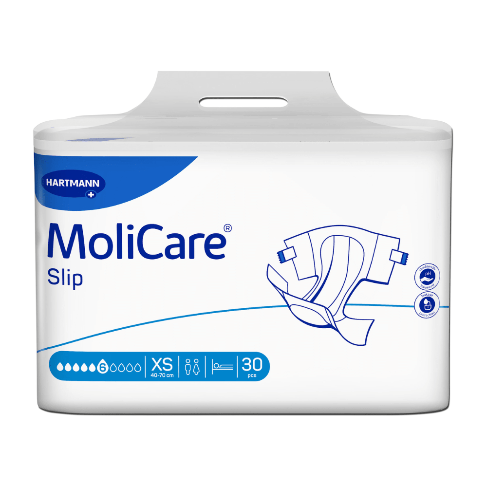 Uma embalagem de fraldas Hartmann MoliCare® Slip 6 gotas em design branco-azul com símbolo de fralda e símbolos de informação indica um tamanho XS com 30 unidades na embalagem.