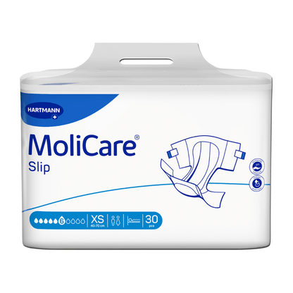Uma embalagem de fraldas Hartmann MoliCare® Slip 6 gotas em design branco-azul com símbolo de fralda e símbolos de informação indica um tamanho XS com 30 unidades na embalagem.