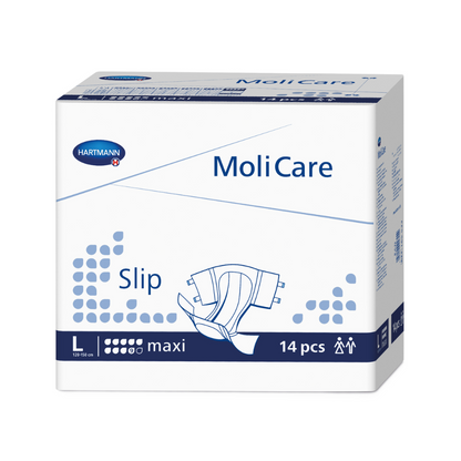 Uma caixa de fraldas para adultos Hartmann MoliCare® Slip maxi 9 gotas da Paul Hartmann AG no tamanho L, conteúdo 14 unidades, embalagem predominantemente branca e azul com gráficos do produto e texto.