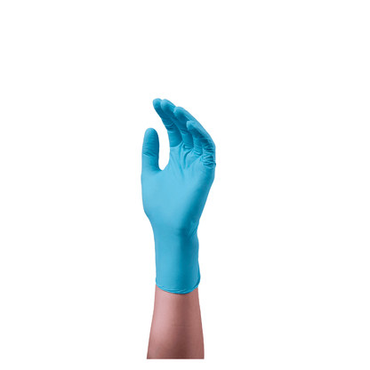 Uma mão com uma luva de nitrilo azul sem pó Hartmann Peha-soft®, isolada num fundo branco, com os dedos curvados para cima num gesto de agarrar ou segurar.
