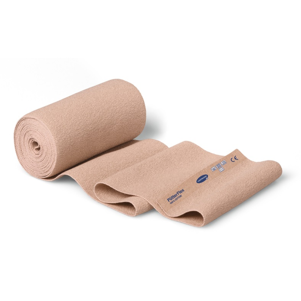 Duas ligaduras elásticas Hartmann PütterFlex bege, enroladas, com etiquetas azuis mostrando os símbolos de marca e certificação da Paul Hartmann AG, dispostas sobre um fundo branco.