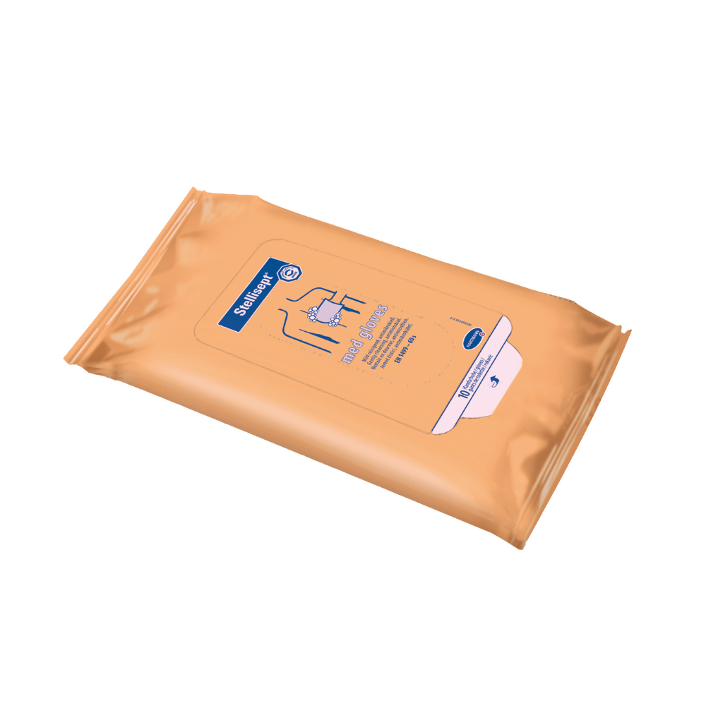 Um pacote de luvas Paul Hartmann AG Hartmann Stellisept® med, luvas de lavagem | Pacote (10 unidades) para lavagem corporal antibacteriana cuidadosa. A embalagem laranja resselável possui texto azul e ilustrações, incluindo uma imagem de mãos limpas.