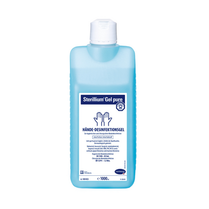 Uma garrafa de Hartmann Sterillium® Gel pure gel desinfetante para as mãos em cor azul-clara com tampa branca e rótulo com informações detalhadas do produto em alemão. O tamanho do recipiente é de 1000 ml.