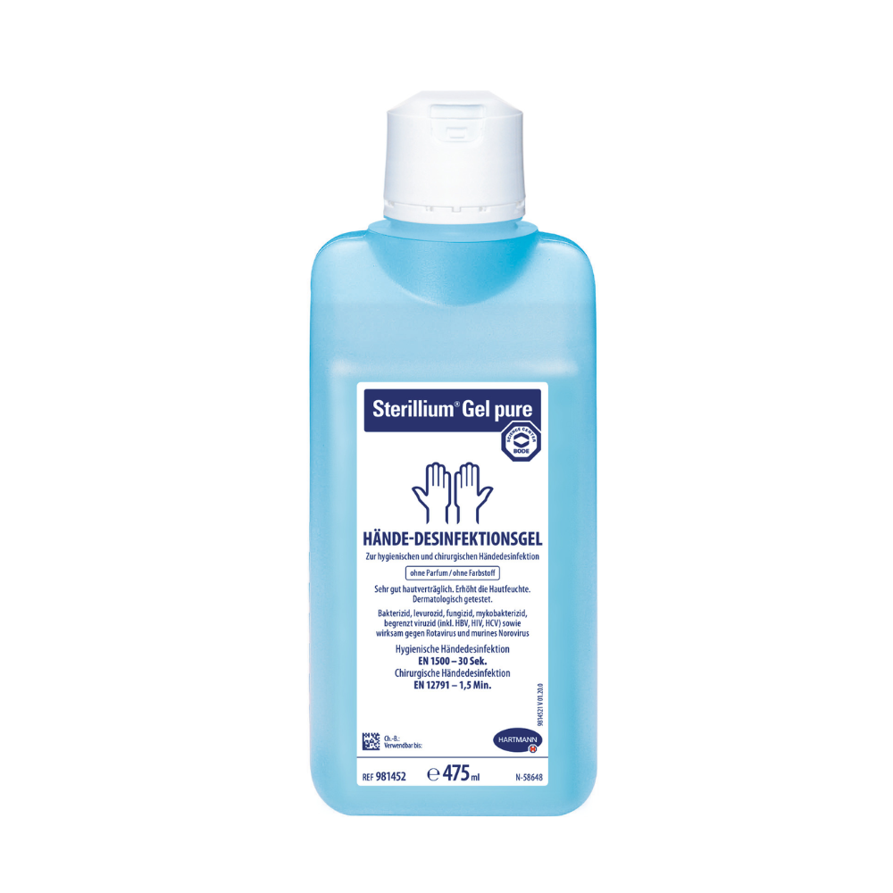Uma garrafa de Hartmann Sterillium® Gel pure, um gel desinfetante para as mãos para pele sensível, é apresentada de frente. O rótulo é principalmente em azul e branco e contém um texto com informações detalhadas sobre o uso e informações do produto.
