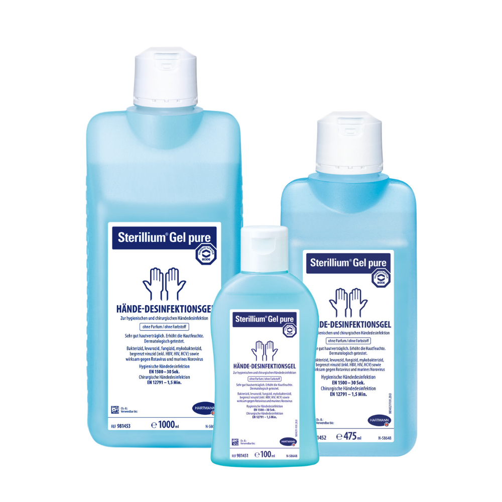 Três garrafas de Hartmann Sterillium® Gel pure gel desinfetante para as mãos em diferentes tamanhos. A maior garrafa contém 1000 ml, seguida por uma de 475 ml e a menor de 100 ml. Marca: Paul Hartmann AG
