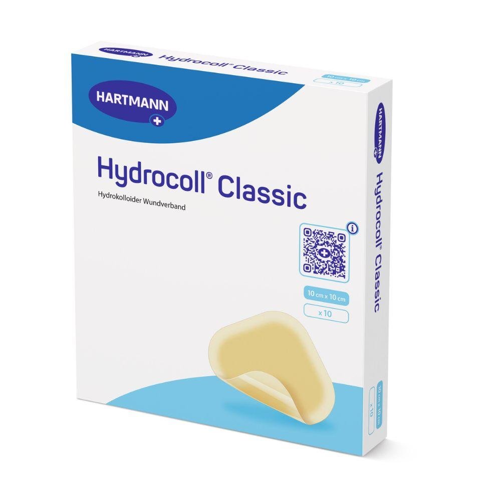 Uma lata de Hartmann Hydrocoll Classic Curativo estéril, selada individualmente pela Paul Hartmann AG – ideal para tratamento de feridas úmidas, apoio à granulação e epitelização. Contém 10 curativos estéreis de 10 x 10 cm em embalagem predominantemente branca com acentos azuis.