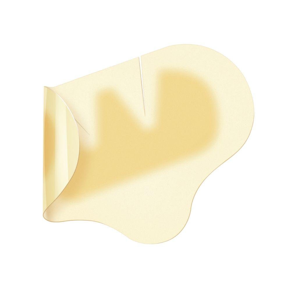 Na imagem está um curativo Hartmann Hydrocoll® Classic Concave estéril 8 x 12 cm da Paul Hartmann AG em fundo branco, com um canto levantado – ideal para tratamento úmido de feridas para apoiar a granulação e epitelização. Embalagem (10 unidades).