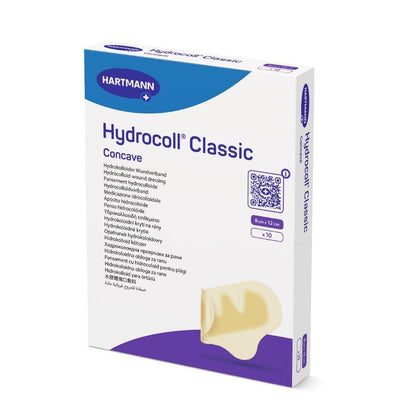 Caixa Hartmann Hydrocoll® Classic Concave estéril (8 x 12 cm, 10 unidades) da Paul Hartmann AG. Ideal para o tratamento úmido de feridas para promover a granulação e epitelização. Embalagem branco-azul com destaque em lilás.