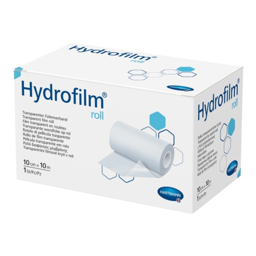 Uma imagem de produto de uma caixa com o rolo Hartmann Hydrofilm® da Paul Hartmann AG, uma fita adesiva de filme transparente, com detalhes de embalagem e ilustrações do rolo de fita e símbolos de uso.