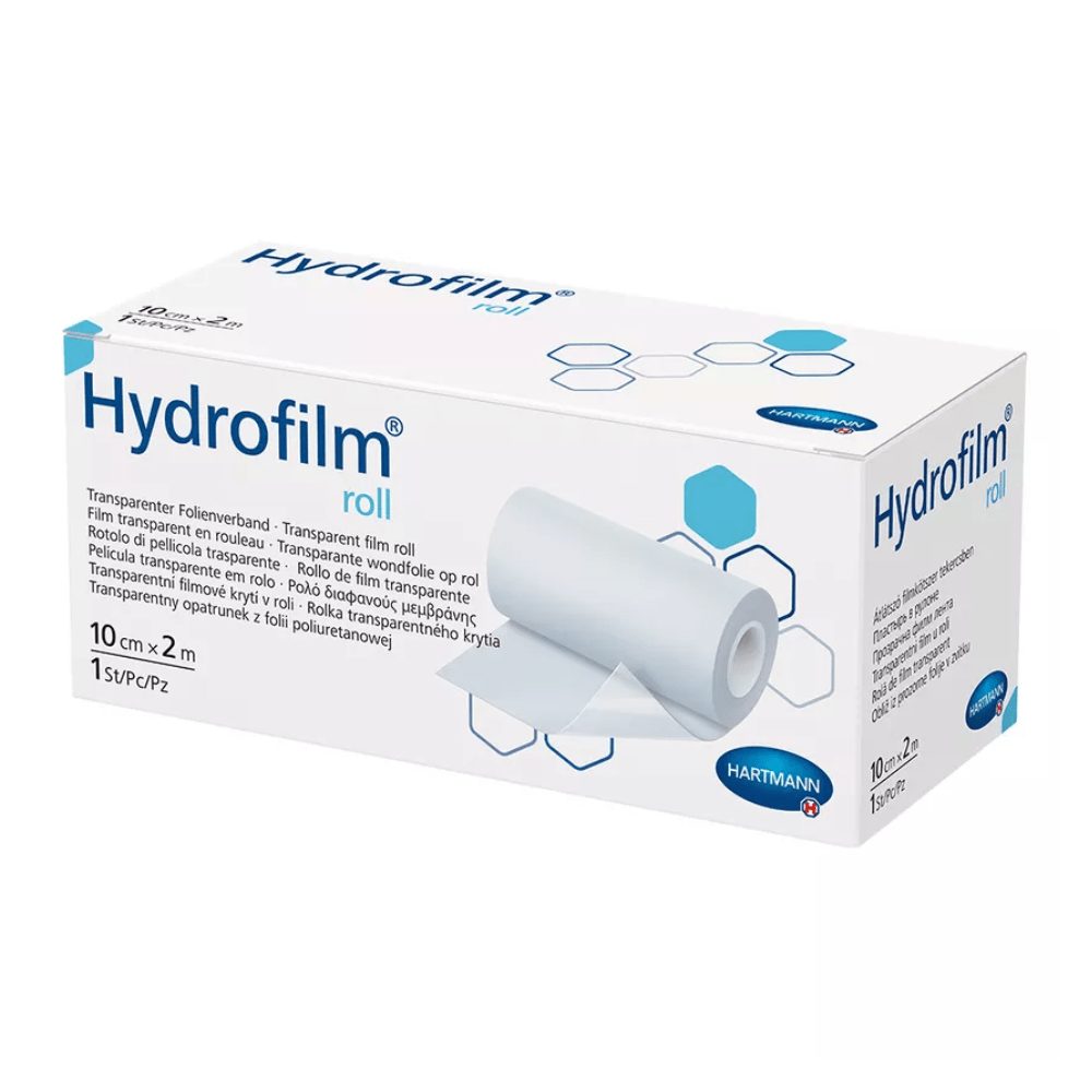 Uma imagem de uma embalagem de produto da Hartmann, Hartmann Hydrofilm® roll curativo de filme transparente da Paul Hartmann AG. A embalagem contém descrições em várias línguas e mostra uma imagem do rolo de filme.