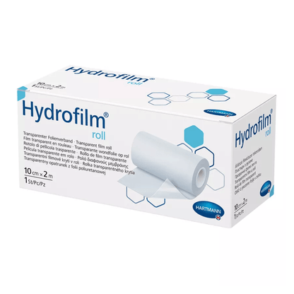 Uma imagem de uma embalagem de produto da Hartmann, Hartmann Hydrofilm® roll curativo de filme transparente da Paul Hartmann AG. A embalagem contém descrições em várias línguas e mostra uma imagem do rolo de filme.