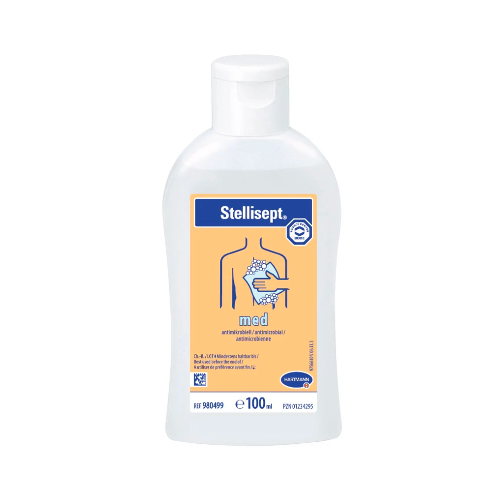 Uma garrafa de loção de lavagem antimicrobiana Hartmann Stellisept® med com um rótulo azul e laranja, com símbolos e texto, incluindo uma mão e uma gota, como indicação de uso.