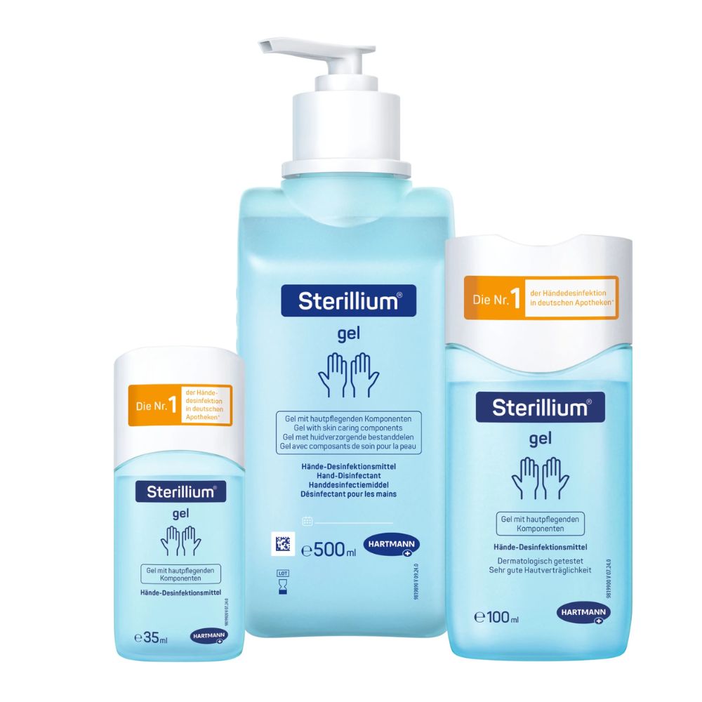 O gel desinfetante para mãos Hartmann Sterillium® da Paul Hartmann AG está disponível em três tamanhos de frasco – 35 ml, 500 ml e 100 ml – todos com um rótulo azul com texto branco e um símbolo de mãos. É ideal para a desinfecção higiénica das mãos e é popular nas farmácias alemãs.