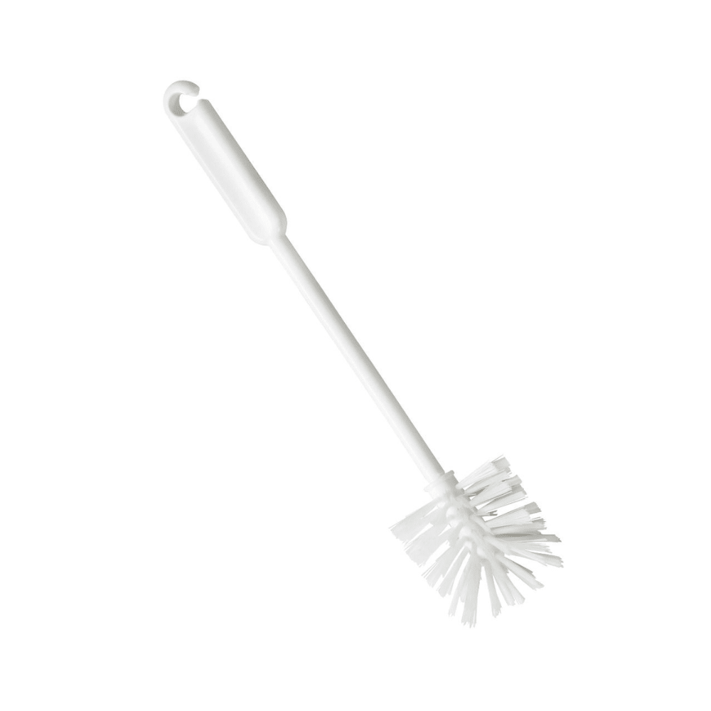 A escova para copos e garrafas Haug de 32 cm da Haug Bürsten KG é uma escova de limpeza higiênica feita de plástico branco com cabo longo e cerdas, perfeita para limpeza. O design possui um gancho prático no cabo para pendurar facilmente, sendo assim ideal para copos e garrafas.