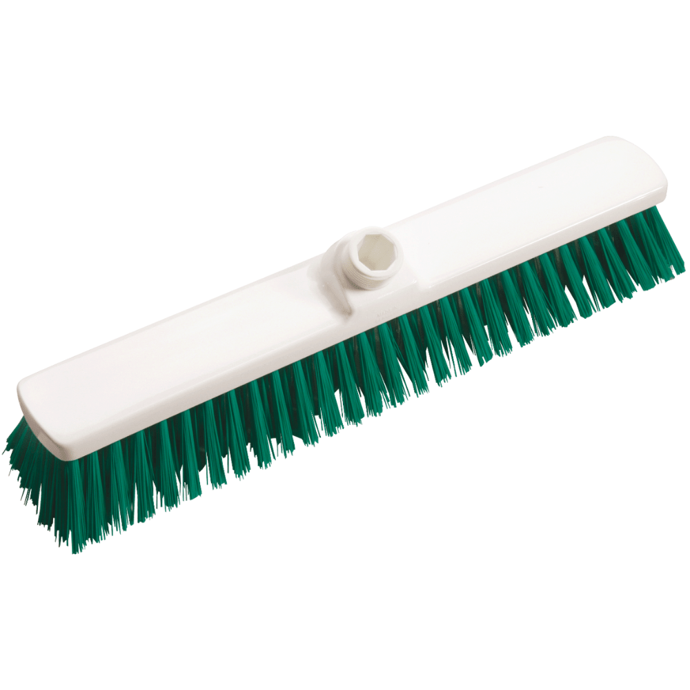 A vassoura de grande porte Haug PBT 400x60x120 mm de Haug Bürsten KG é ideal para limpeza profissional, com base de plástico branca, encaixe para cabo e cerdas verdes para varrer de forma eficiente.