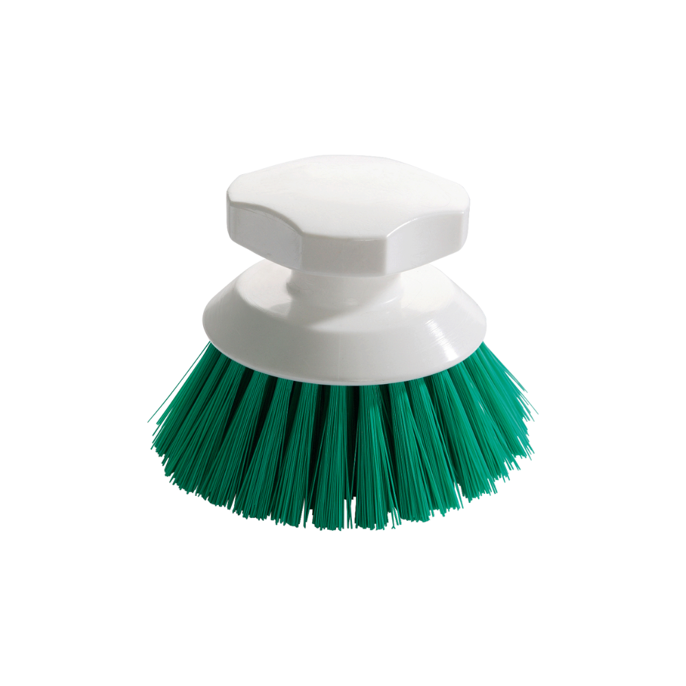 A escova de botão Haug 90 x Ø120 mm da KG é uma escova de esfregar de plástico branco, perfeita para tarefas de limpeza, com um cabo hexagonal e cerdas verdes que se destacam contra um fundo branco simples.