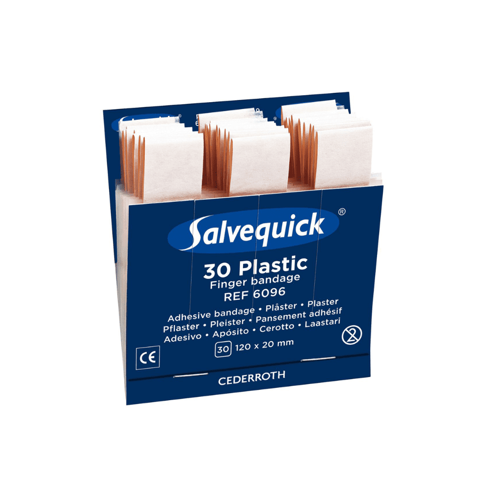 Uma caixa azul de recarga Holthaus Medical Salvequick® com a inscrição "Curativo de Dedo Plástico, 30 Peças" contém 30 curativos embalados individualmente (120 x 20 mm), Ref. Nº 6096, da Holthaus Medical GmbH & Co. KG.