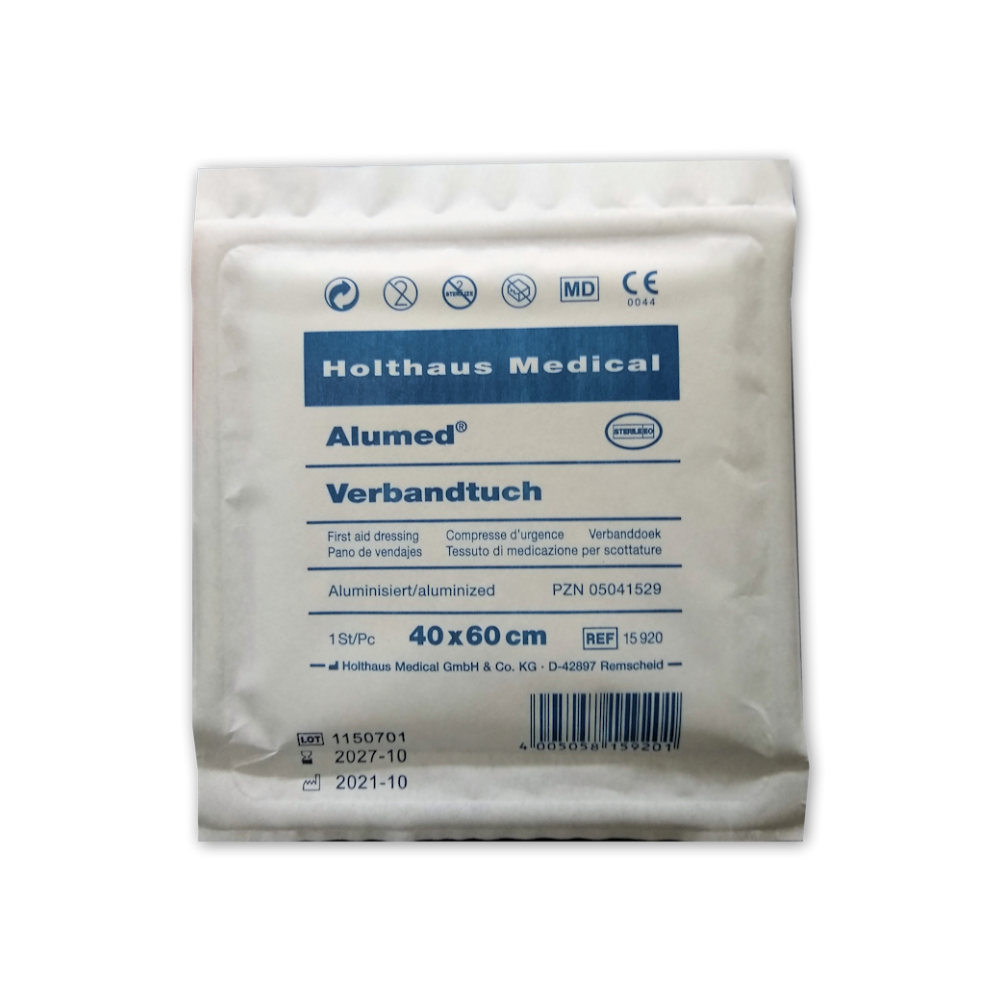 O pano de curativo Holthaus Alumed® da Holthaus Medical GmbH & Co. KG é um curativo embalado estéril com a inscrição "revestido de alumínio", que mede 40x60 cm e contém uma peça. A data de validade é outubro de 2027.