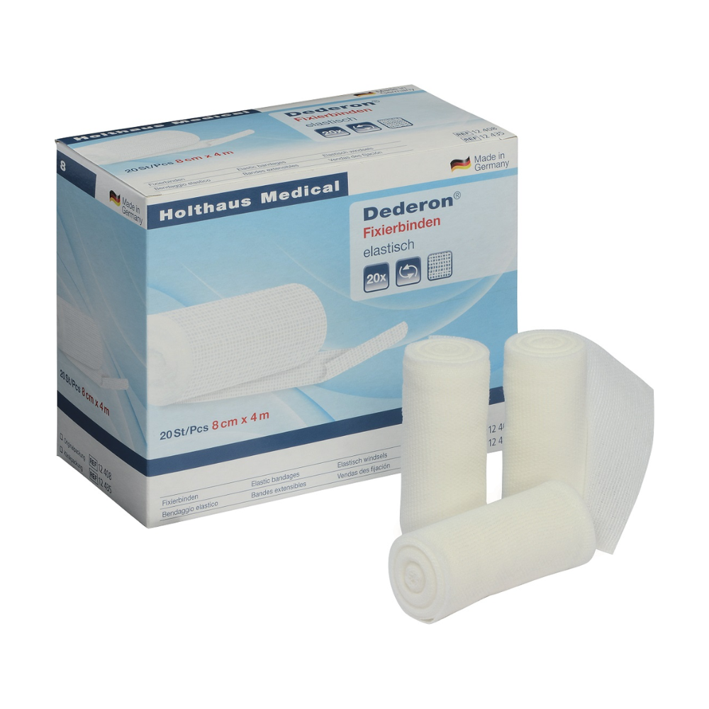 A imagem mostra uma caixa de ligadura de fixação Dederon® da Holthaus Medical GmbH & Co. KG. A caixa contém uma ilustração das ligaduras e detalhes sobre este produto médico, incluindo que contém 20 peças com as medidas de 8 cm x 4 m. Na frente da caixa, estão ilustradas três ligaduras enroladas.