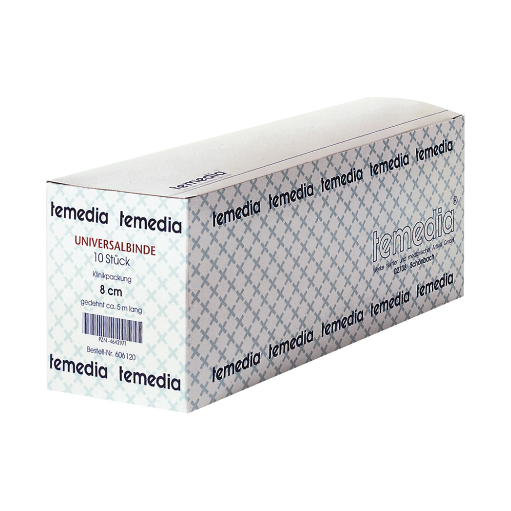Uma caixa retangular de Holthaus Temedia Universalbinde, embalagem clínica 8 cm x 5 m - 10 ligaduras de Holthaus Medical GmbH & Co. KG, contém 10 ligaduras. A caixa é decorada com um padrão e apresenta o logotipo Temedia. Com uma largura de 8 cm e um comprimento de cerca de 5 m, estas ligaduras de compressão são ideais para um tratamento eficaz de feridas.