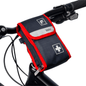 Um pequeno kit de primeiros socorros preto e vermelho com a inscrição "Holthaus Velo® Fahrradverbandtasche - 21-teilig | Packung (1 Stück)" da Holthaus Medical GmbH & Co. KG está fixado no guidão de uma bicicleta. A bolsa de primeiros socorros da bicicleta é adornada com um símbolo de cruz branca e um símbolo de bicicleta. Também são visíveis o guidão e uma parte do quadro da bicicleta.