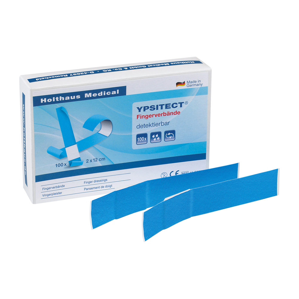 Mostra-se uma caixa de curativos Holthaus YPSITECT® para dedos, repelente à água/detectável da Holthaus Medical GmbH & Co. KG, onde as informações do produto estão colocadas de forma proeminente. A caixa contém 100 pensos azuis com as dimensões de 2 cm x 12 cm. Dois pensos individuais estão colocados na frente para melhor visibilidade.