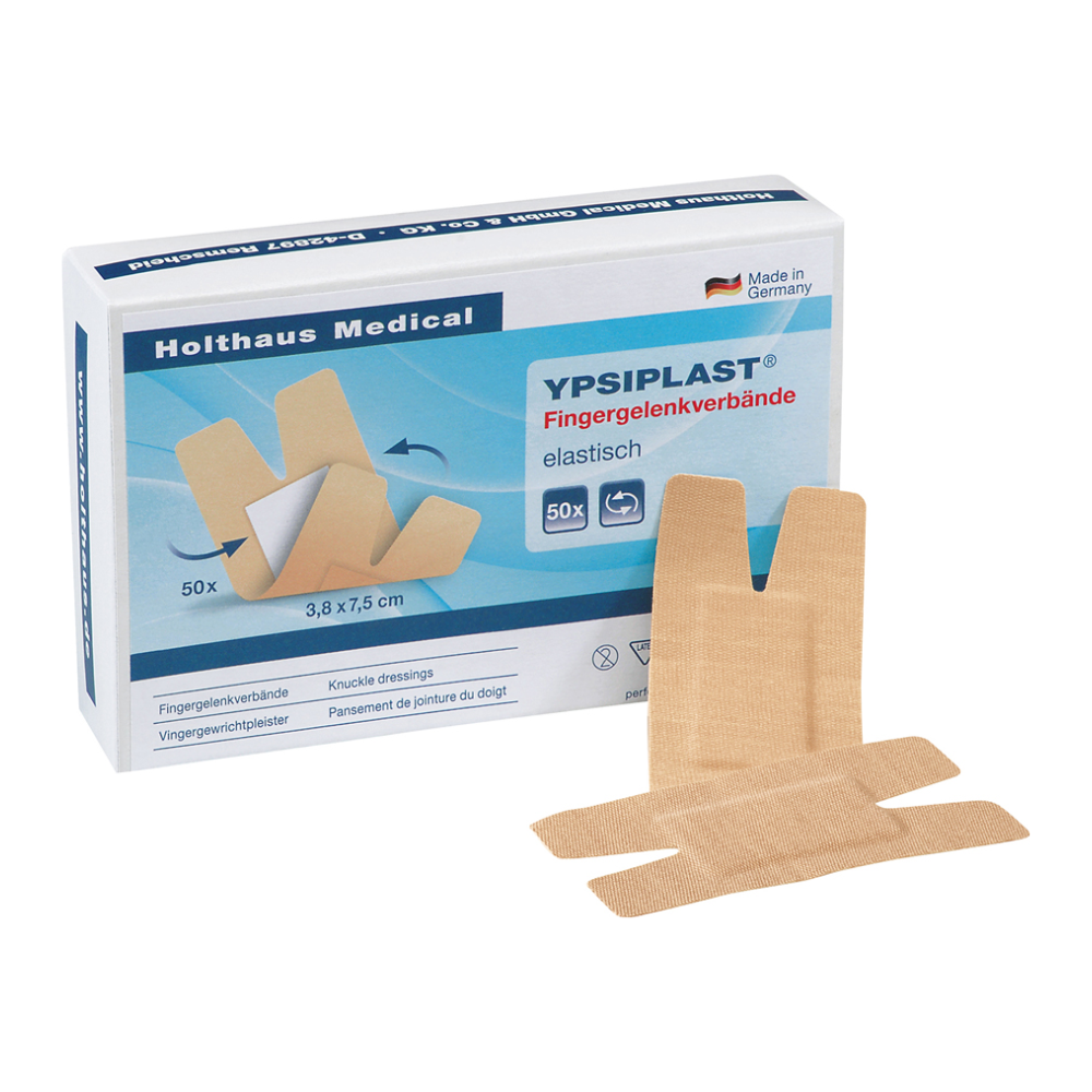 Caixa de ligaduras para articulações dos dedos Ypsiplast®, elástica com 50 ligaduras da Holthaus Medical GmbH & Co. KG. Estas ligaduras fabricadas na Alemanha são concebidas para articulações dos dedos e medem 3,8 x 7,5 cm cada, com duas ligaduras ilustradas fora da caixa.