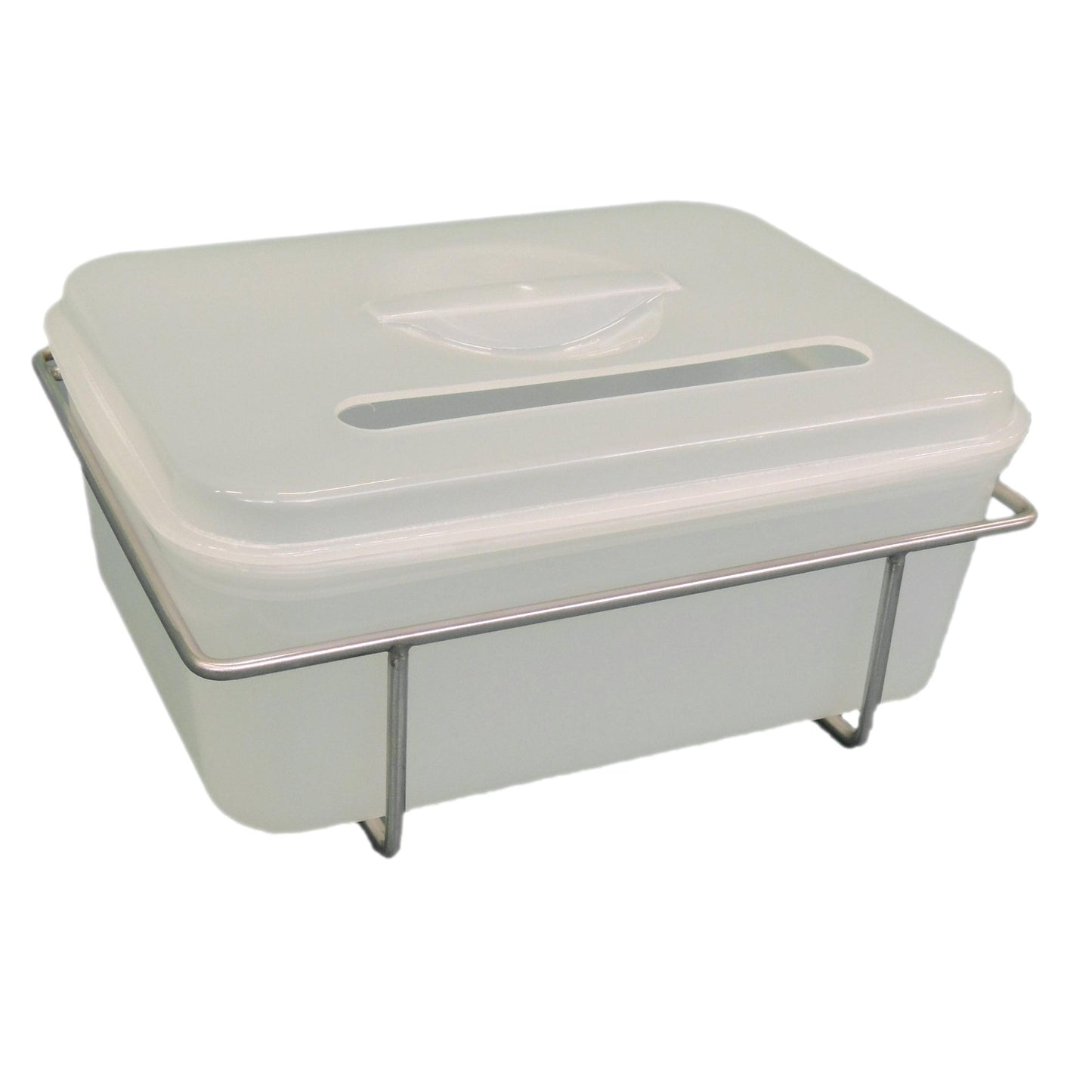 O recipiente de descarte de instrumentos Novocal com suporte de aço inoxidável possui um recipiente retangular semitransparente com tampa e fenda para alça, ideal para o descarte seguro de instrumentos médicos. Marca: Novocal.