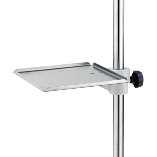 A prateleira Novocal para suporte de infusão em aço inoxidável (315 x 275 mm) com alça oferece três bordas elevadas, botão ajustável e suporte - ideal para colocar utensílios médicos com segurança. Embalagem: 1 peça.